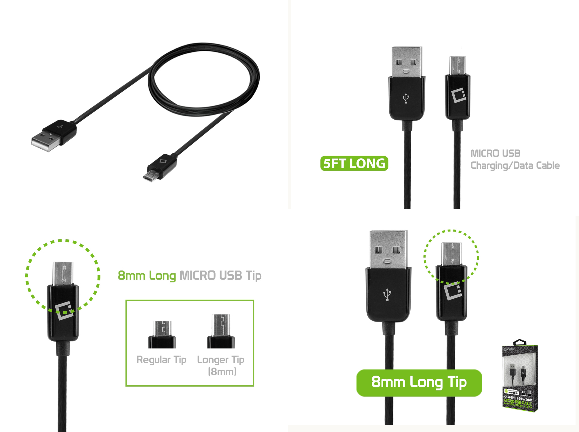 CABLE USB MICRO USB LONG 8mm